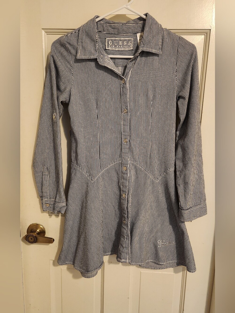 Guess Girls Blue & White Striped Button-Front Dresd, Size (14)
